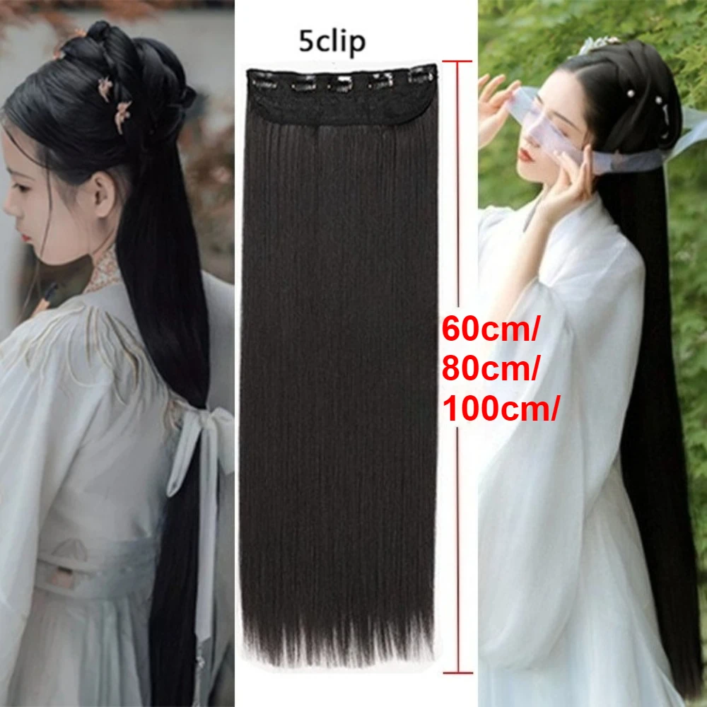 5-Clips Synthetic Heat-Resistant Long Straight Hair Extensions Natural Black Invisible Seamless One-piece Hair Extension Women