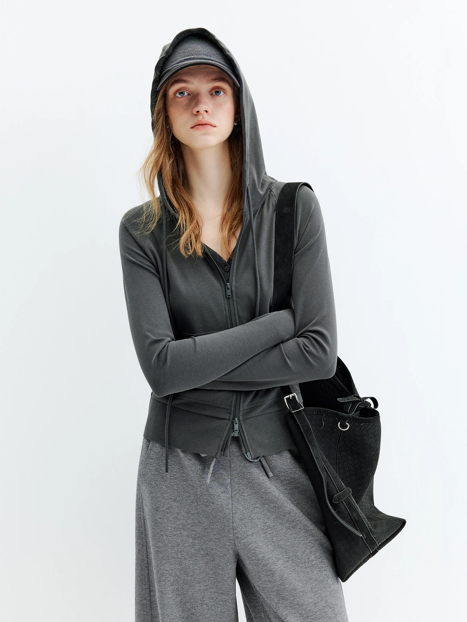 FSLE Women's Cotton Faux Two-Piece Knitted Hooded Sweatshirt Jacket 2026 Early Autumn New Style Comfortable Slim Fit