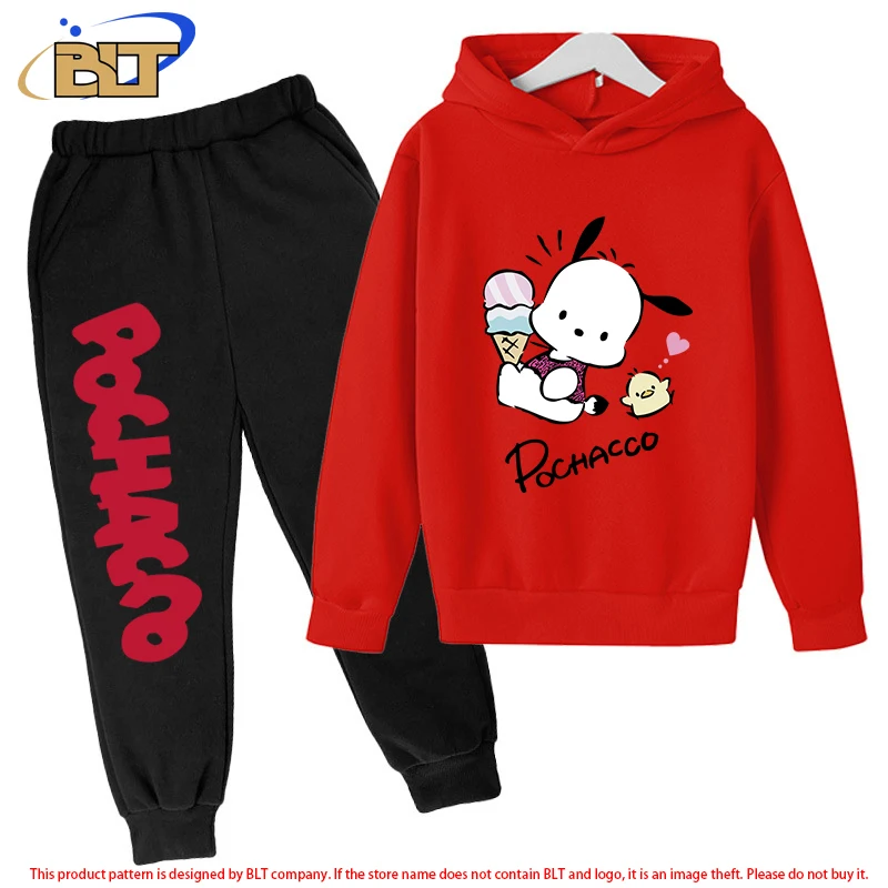 Pochacco-Ensemble sweat à capuche et pantalon en peluche pour enfants, sweat-shirt de sport rouge, adapté aux garçons et aux filles, ensemble 2 pièces