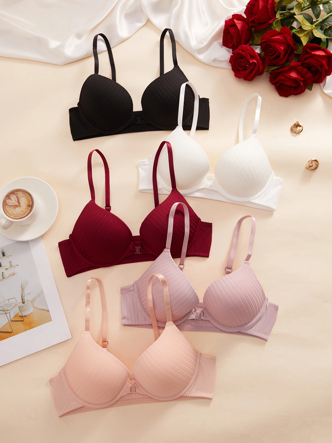 1 3 5Pcs Everyday Solid Women Bra Front Closure Push up Sexy Bras Ribbed Unlined Sweet Women's Underwear