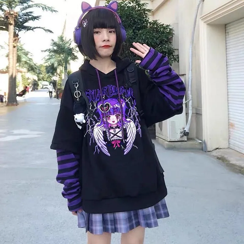 Goth Punk Lightning Angel Hoodie Fake Two Piece Hooded Sweatshirt Striped Patchwork Hoodies Women 2022 Gothic Harajuku Cute Tops