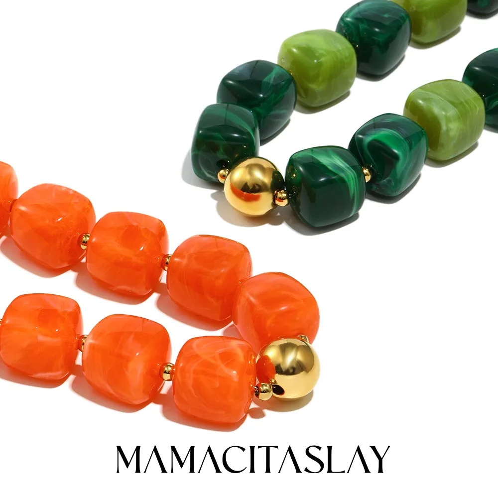 MamacitaSlay 316L Edelstahl quadratische Acrylperlen-Halskette, 18 Karat vergoldet, wasserdicht, Halsschmuck, kreative Halskette für Damen