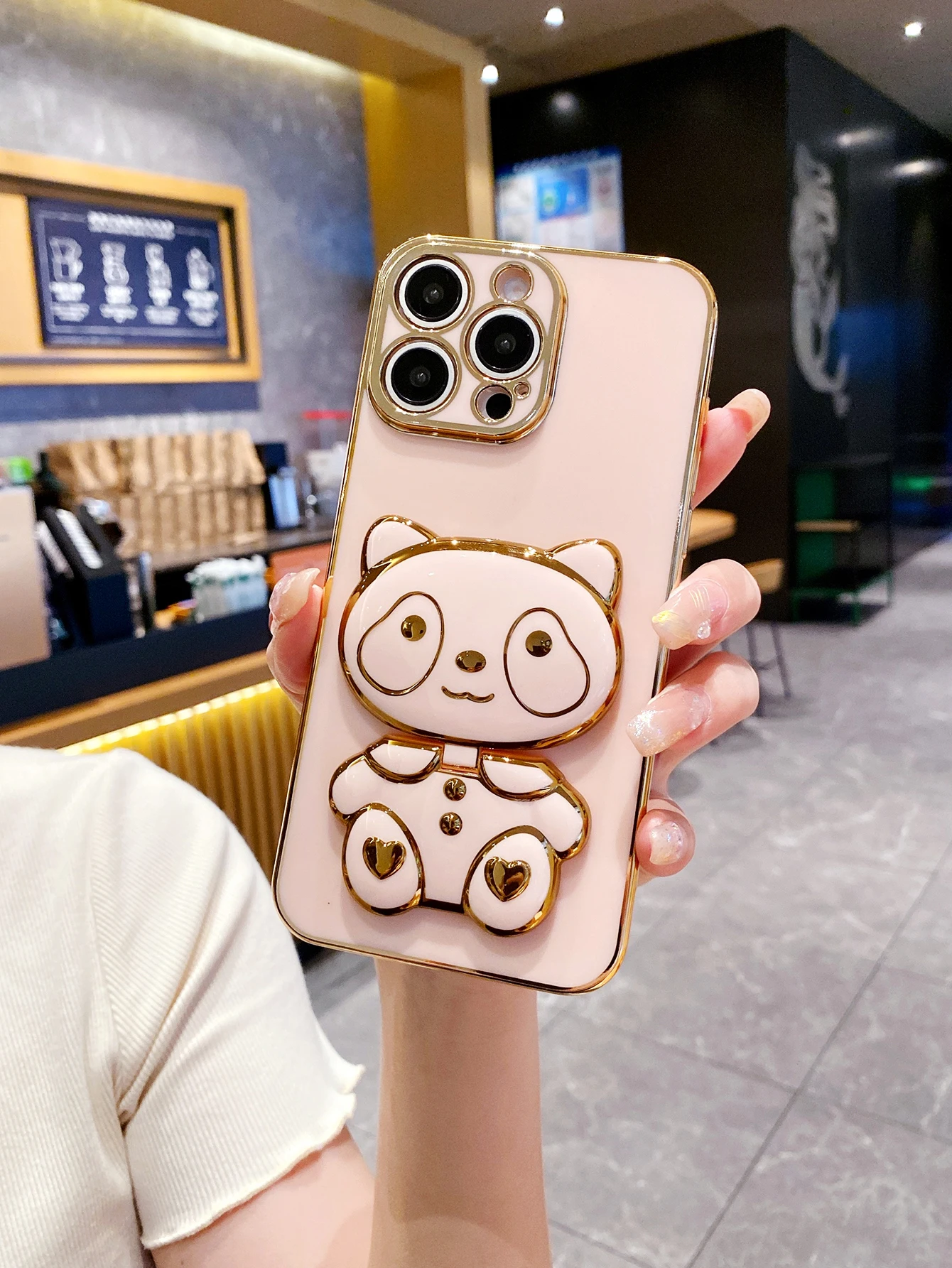 럭셔리 도금 팬더 거울 홀더 폰 케이스 아이폰 17 16 15 14 플러스 13 12 미니 11 프로 맥스 X XS XR 7 8 SE2 SE3 백 커버