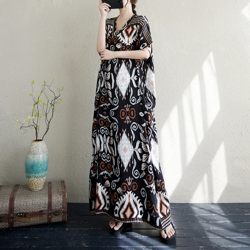 فستان نسائي طويل من القطن بياقة على شكل V وطبعة زهور، تصميم بوهيمي نحيف للعطلات، يصل إلى وزن 250 رطل، خصر مرتفع، مناسب للصيف ...