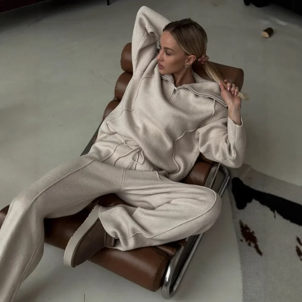 Lichte luxe dagelijkse vestbroekenset herfst en winter dames elegant los warm zacht casual kantoor rits trui broek 2 stuks