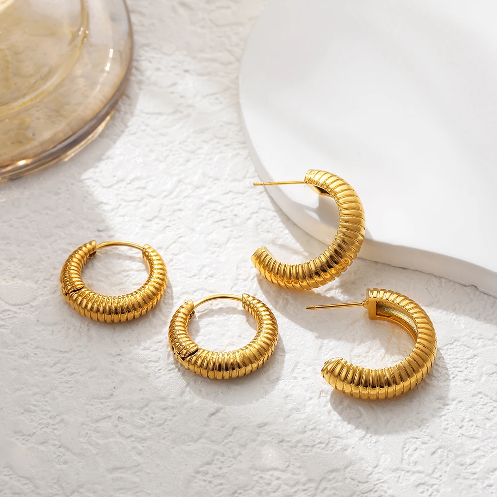 Fashion Gold Plated Textured Round Circle Huggie Hoop Earrings for Women Geometric Piercing Ear Buckle Small Hoops Jewelry Gift