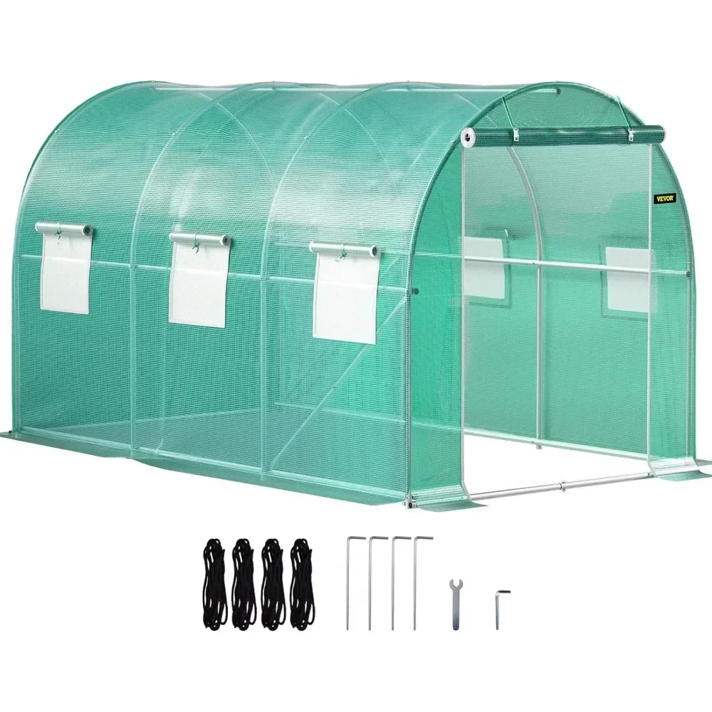 

XMSJ Greenhouse, 12 X 7 X 7 Ft Walk-in Tunnel Greenhouse W/ Galvanized Steel Hoops, 2 Zippered Doors & 6 Roll-up Windows, Green