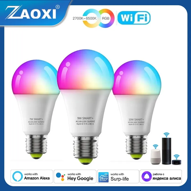 

ZAOXI 7/9/10W Smart WiFi Bluetooth Remote Control RGB Bulb Google Home Alexa Assistant Dimmable 2700K~6500K LED Light Bulbs