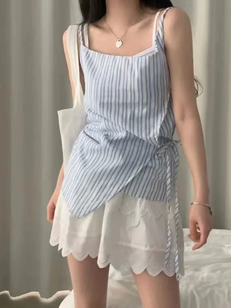 

Summer Striped Vest Women's Outerwear Pure Desire Strap Uneven Waist Cinching Slimming Unique Design Top Commute Loose Fit