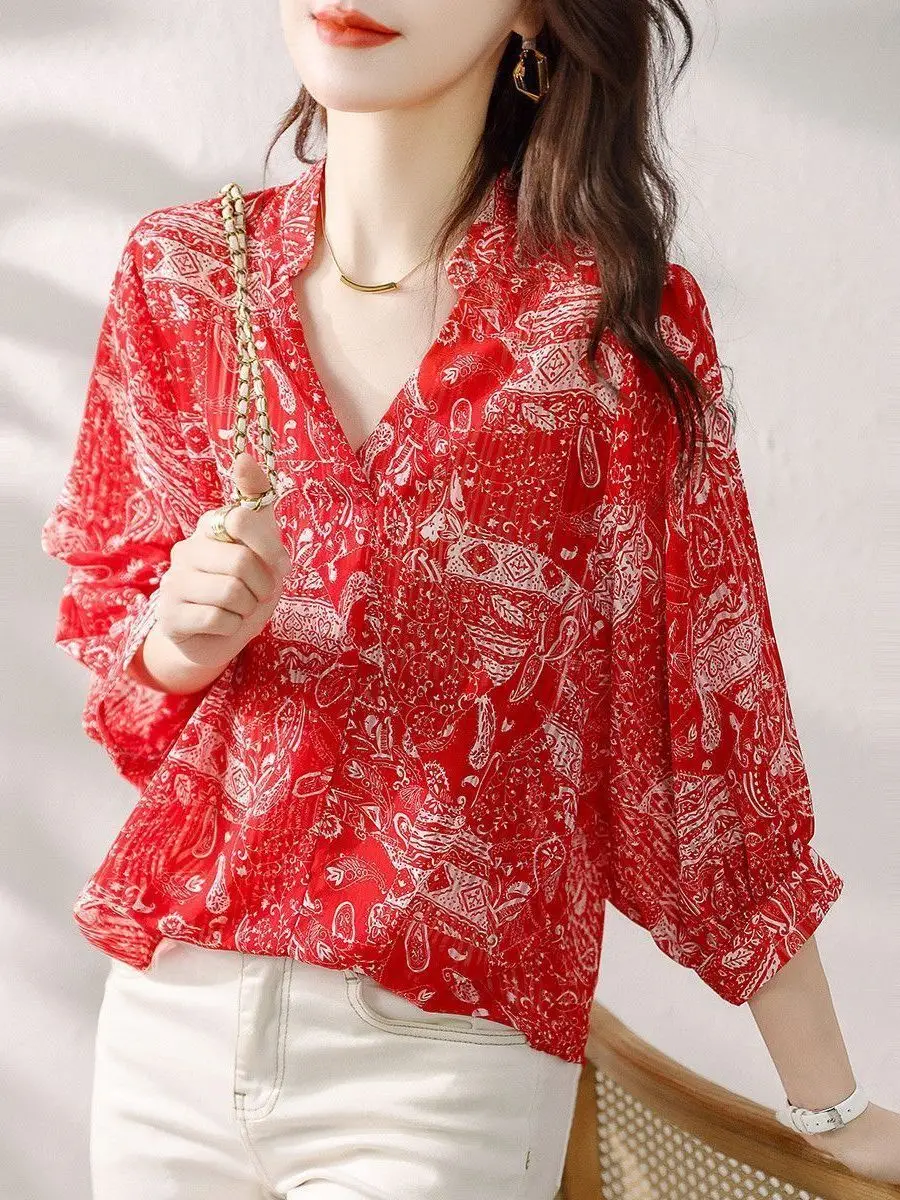 

Cool Lightweight Chiffon irt Casual Printed V-Ne Mid-Sve Women's Summer New Sle Ethnic Sle Slimming Faion Top