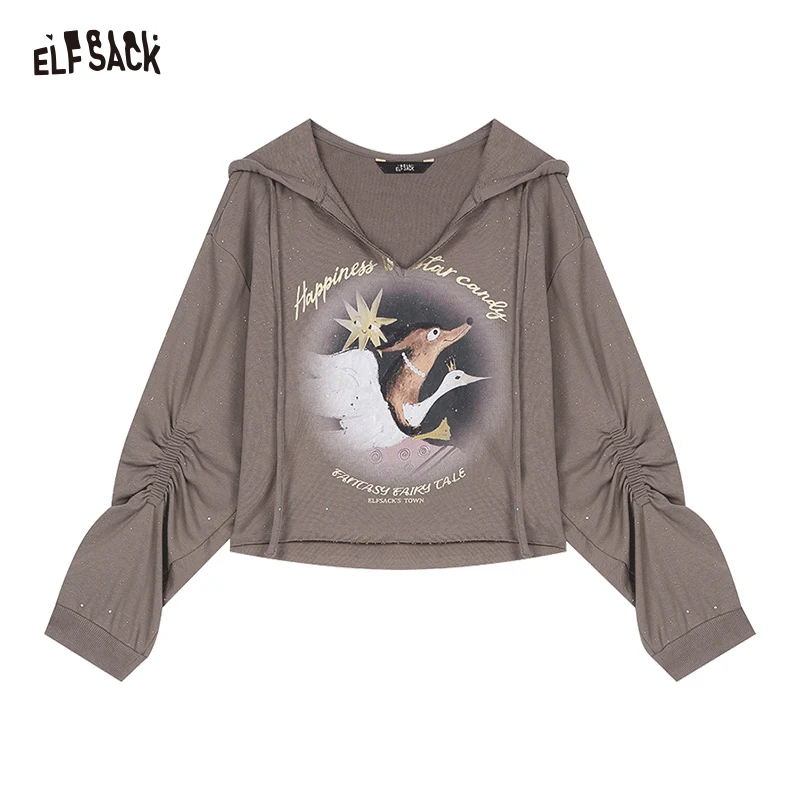 ELFSACK 2024 Autumn New Arrive Coffee V-neck retro fox print petite commuter short hooded sweatshirt for women