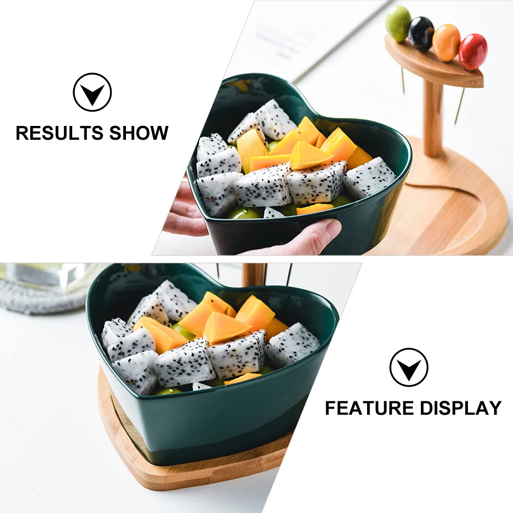 

1Set Ceramic Heart Shape Salad Bowl with Wooden Tray 4 Colorful Forks for Fruit Dessert Dinner Tableware Fruit Bowl