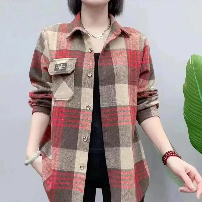 

Женское осенне-зимнее пальто из фланели в клетку, свободного кроя, больших размеров, повседневное, длинное, из чистого хлопка и шерсти