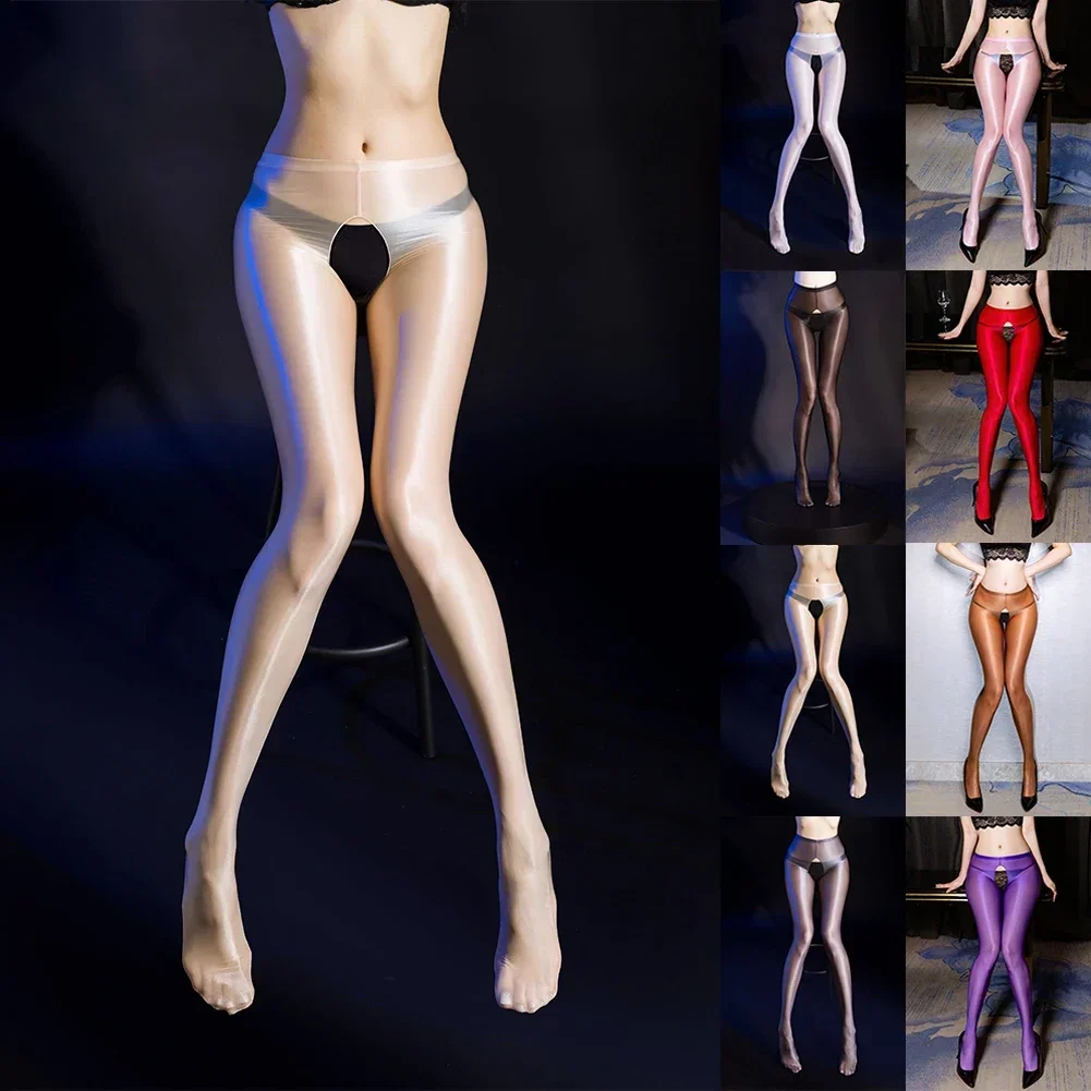 Men Women Oil Shiny Glossy Sheer Stockings Dance Tights Crothless Pantyhose Crothless Bodyhose Stretch Jumpsuit Erotic Lingerie