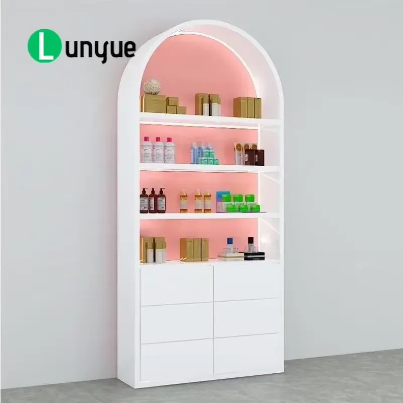 Display Case with LED Arched Shelves Gold or White Frame with Drawers for Beauty Shop Retail Storage Showcase