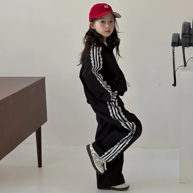 Girls' Early Spring Leisure Set with Lace Side Piping Sportswear - 2026 New Big Kids' Fashionable Two-Piece Set for Ages 7-14