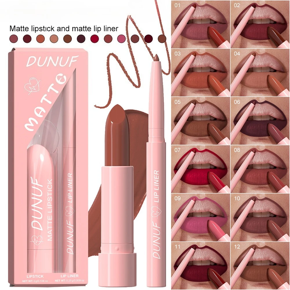 Zestaw 2 szt. matowych pomadek i konturówek do ust, wodoodporny, szybkoschnący, aksamitny wykończenie, trwały długotrwale, idealny na prezent dla kobiet, do codziennego użytku, kosmetyki.