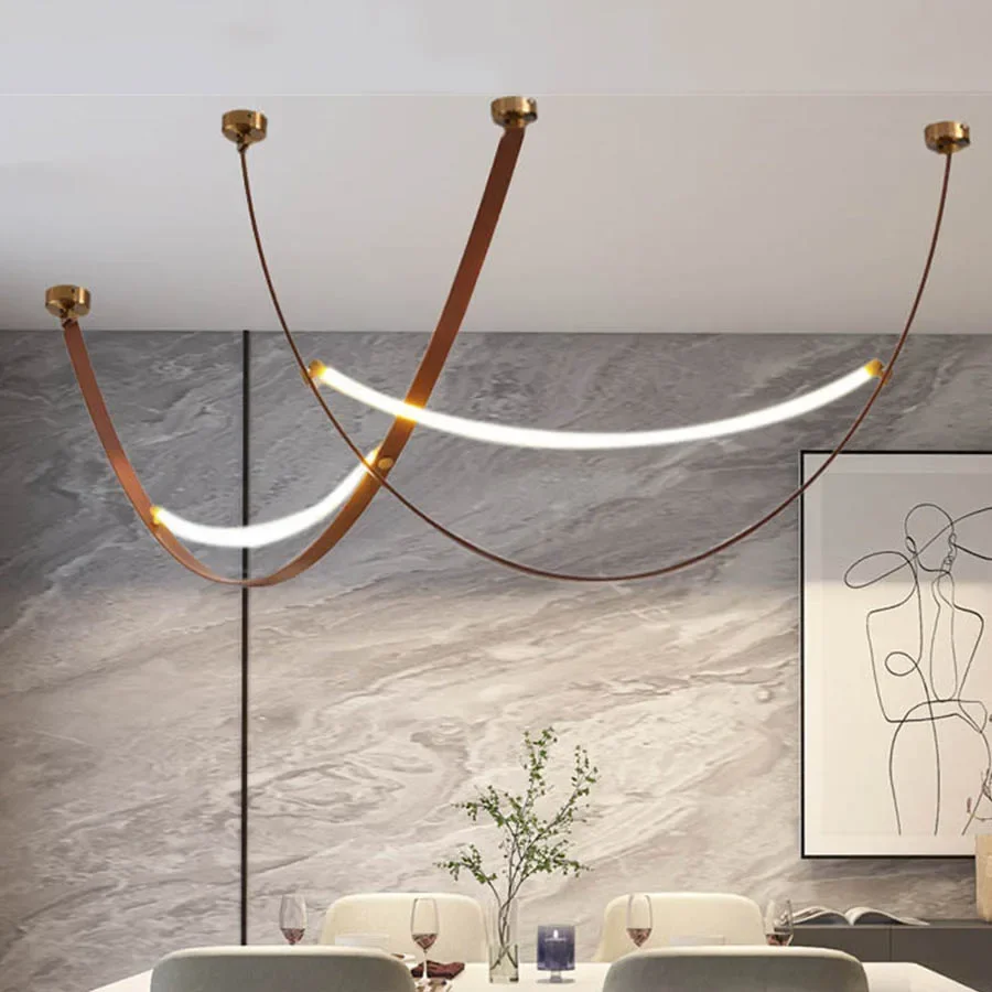 

Nordic Art Line Belt Led Pendant Light Long Strip Leather Suspension Dining Bedroom Bedside Chandelier Bar Counter Hanging Lamp