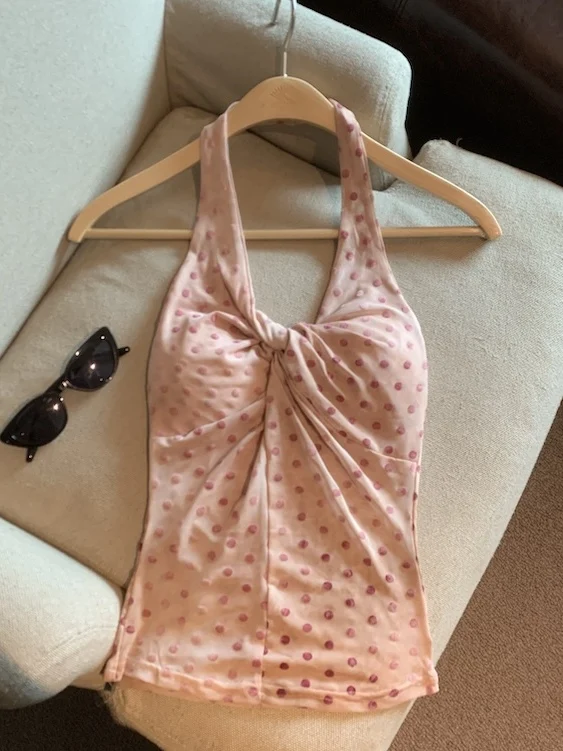 Pink Polka Dot Halter Neck Slim Fit Sexy Spicy Girl Top Women's Summer New Style Knotting V-Neck Polyester Fiber Chest Pad