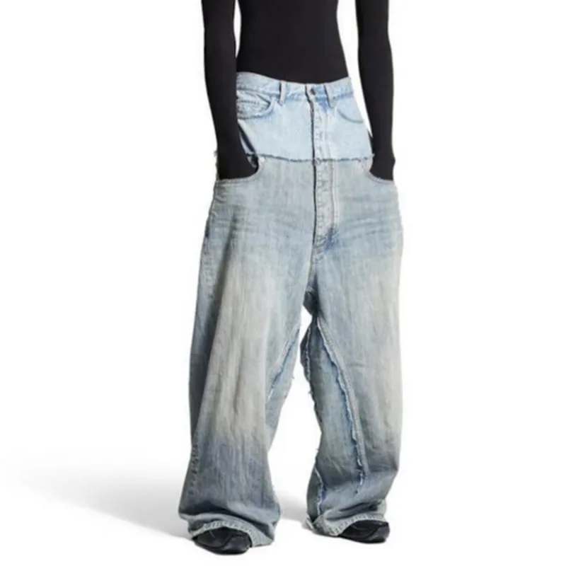 HKSH Spring Autumn New Men Tide Punk Ripped Denim Pants Women Spliced Double Layer Waist Baggy Jeans Streetwear Chic Ins HK3747