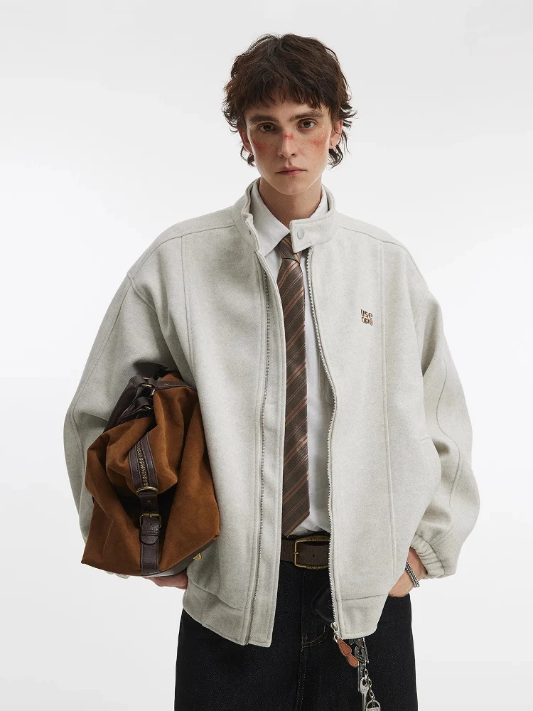 

Oatmeal Melange Cargo Jacket for Men Women American Retro Minimalist Stand-Collar Zip-Up Coat Oversized Bomber Streetwear