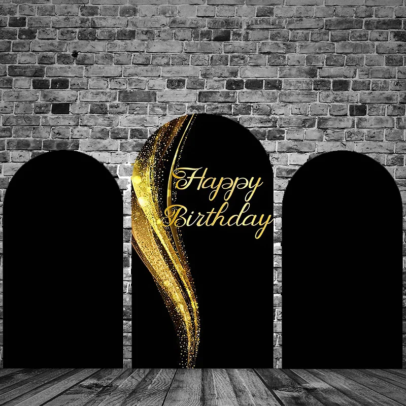 Black Gold Happy Birthday Party Arch Covers White Spandex Fitted 2-Sided Party Arch Stand Covers Round Top Arch Backdrop Covers