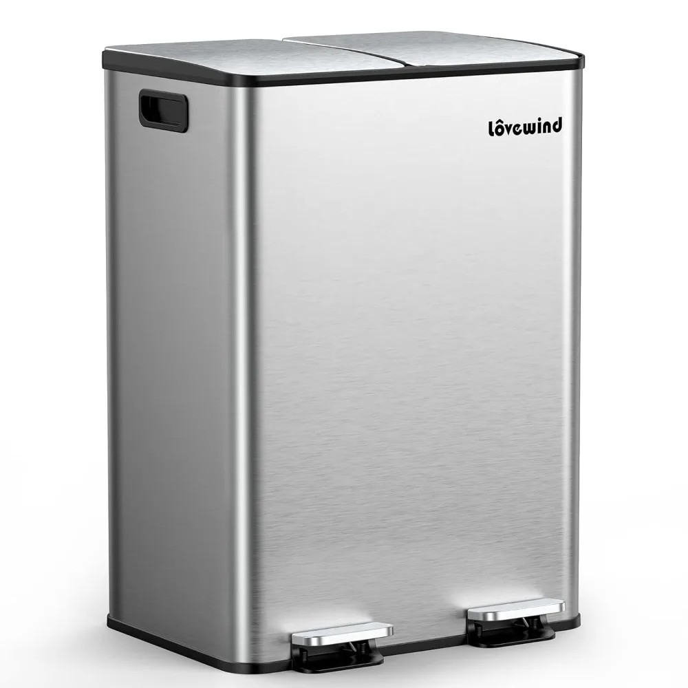 

Двойные мусорные баки для кухни, 2 х 8 галлонов (2 х 30 л) Кухонный мусорный бак из нержавеющей стали с мягкой крышкой, серебристый