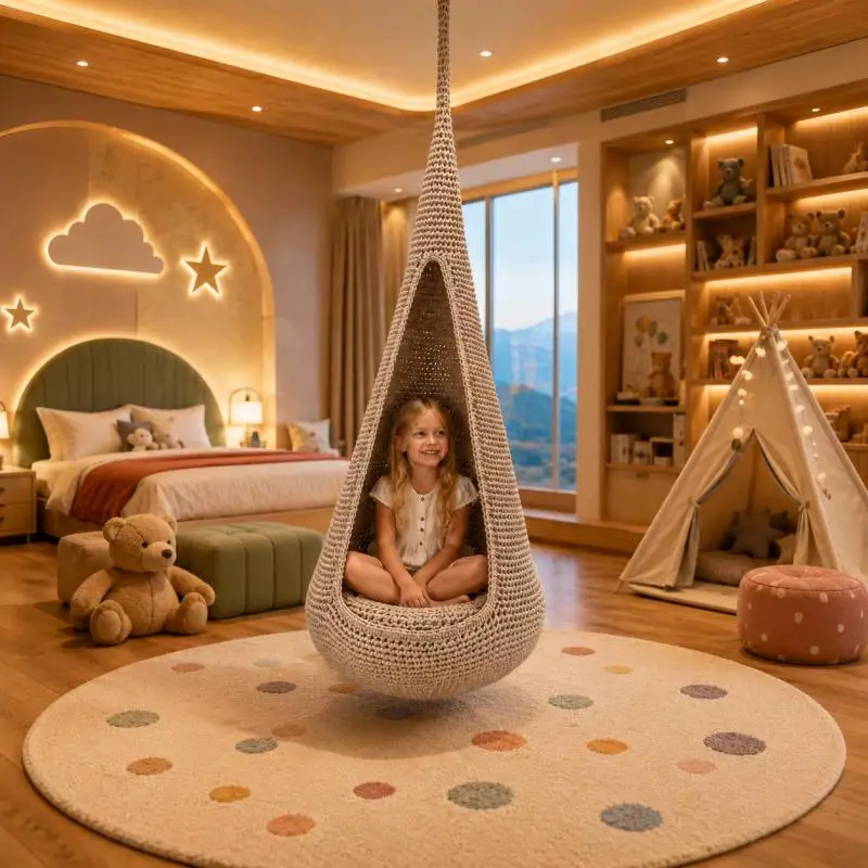Teardrop Hanging Swing Chair, Handwoven Polyester Rope, Indoor Outdoor Hammock Seat for Patio Balcony Garden Relaxation