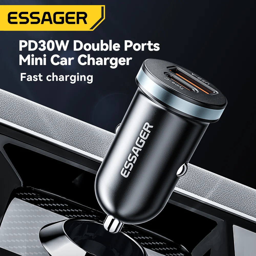 Essager 30W USB C Car Charger Type C Quick Charger PD QC 3.0 SCP 5A Fast Charging Car Phone Charge For iPhone Xiaomi Samsung