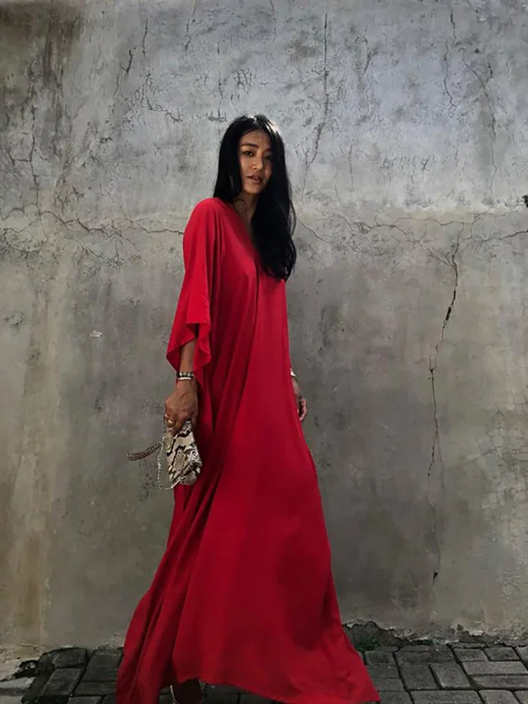 Vintage letnia długa sukienka damska Oversize czerwona szata wakacyjna rękaw w kształcie skrzydła nietoperza okrycie plażowe Maxi Vestidos