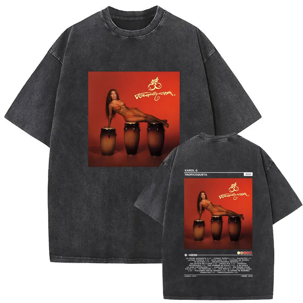 

Karol G Tropicoqueta 2025 New Album Graphic Washed Vintage T-shirt Unisex Fashion Oversized T Shirts Men Women Clothing Tshirt