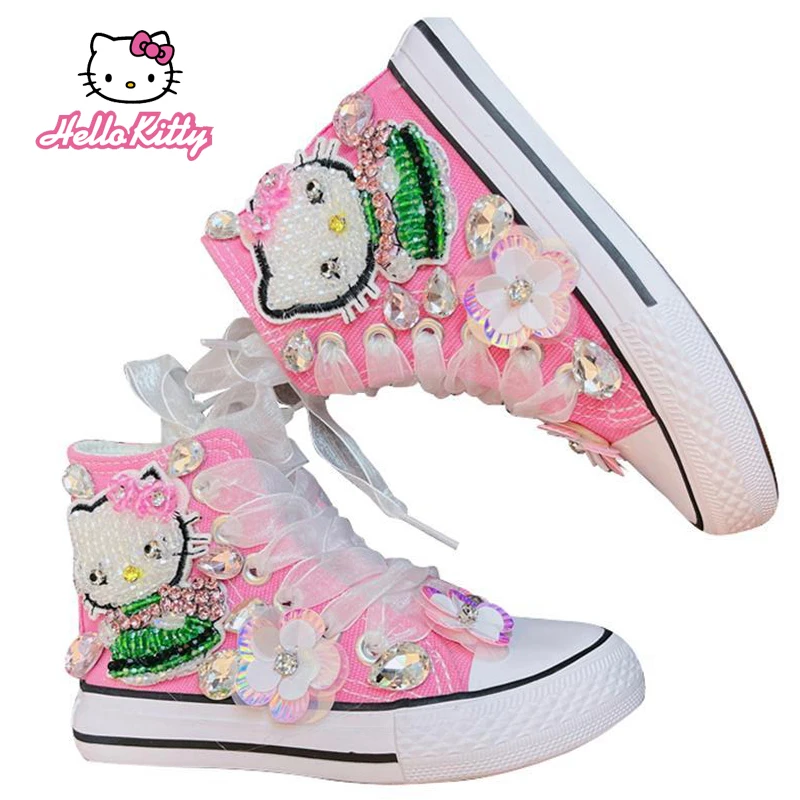 Anime Kawaii Sanrios Hellokittys Kids Canvas Shoes High-Top Flats Girls Sneakers Cartoon Rhinestone Baby Princess Cloth Shoes