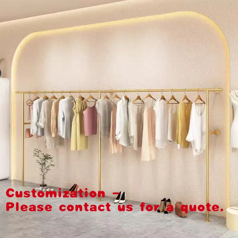 custom.Retail Clothing Store Metal Shape Shiny Gold Iron Pipe Wall Stainless Steel Display Rack  Showroom