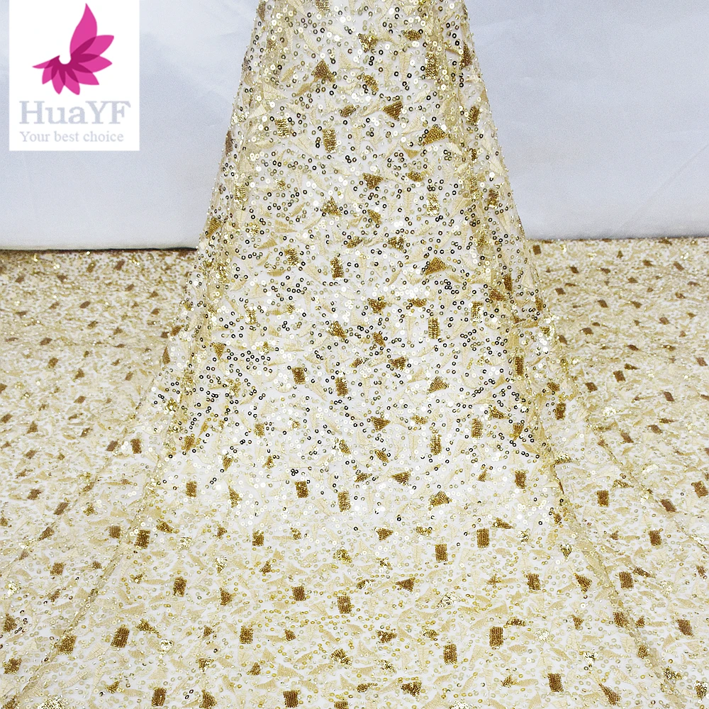 

1 Yard High Quality Gold African Tulle Party Beaded Lace Fabric Bridal Embroidered Dresses HY2082