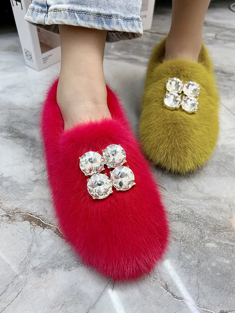 Real Mink Fur Women Flats Crystal Casual Loafers 2024 New Winter Warm Espadrilles Ladies Walking Driving Zapatos Mujer