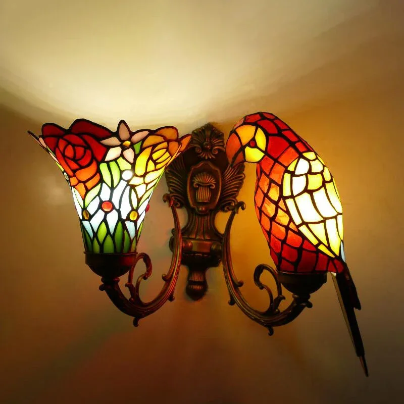 ANITA Tiffany parrot Wall Lamps American countryside Children's room Homestay Villa Hotel Stained Glass Animal Decoration Lamp