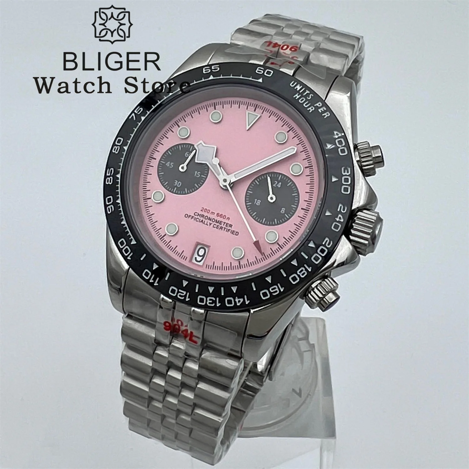 BLIGER VK64 Moon Quartz Chronograph Watch For Men 39mm Black Pink Dial With 5 Hands 6 O'clock Date Waterproof Sapphire Crystal