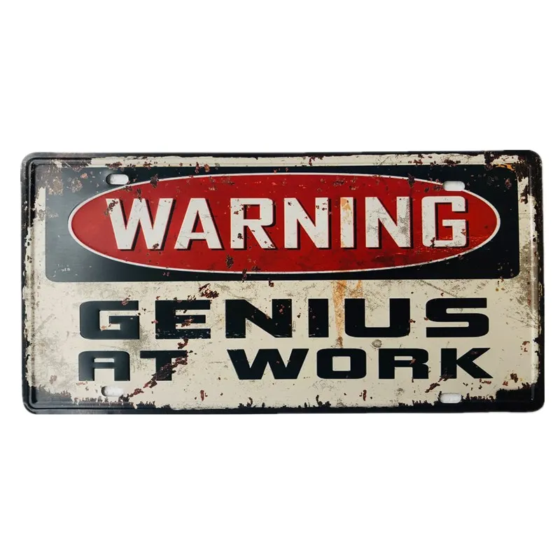 Warning Genius At Work Car Metal License Plate Vintage Home Decor Room Craft Home Wall Decor