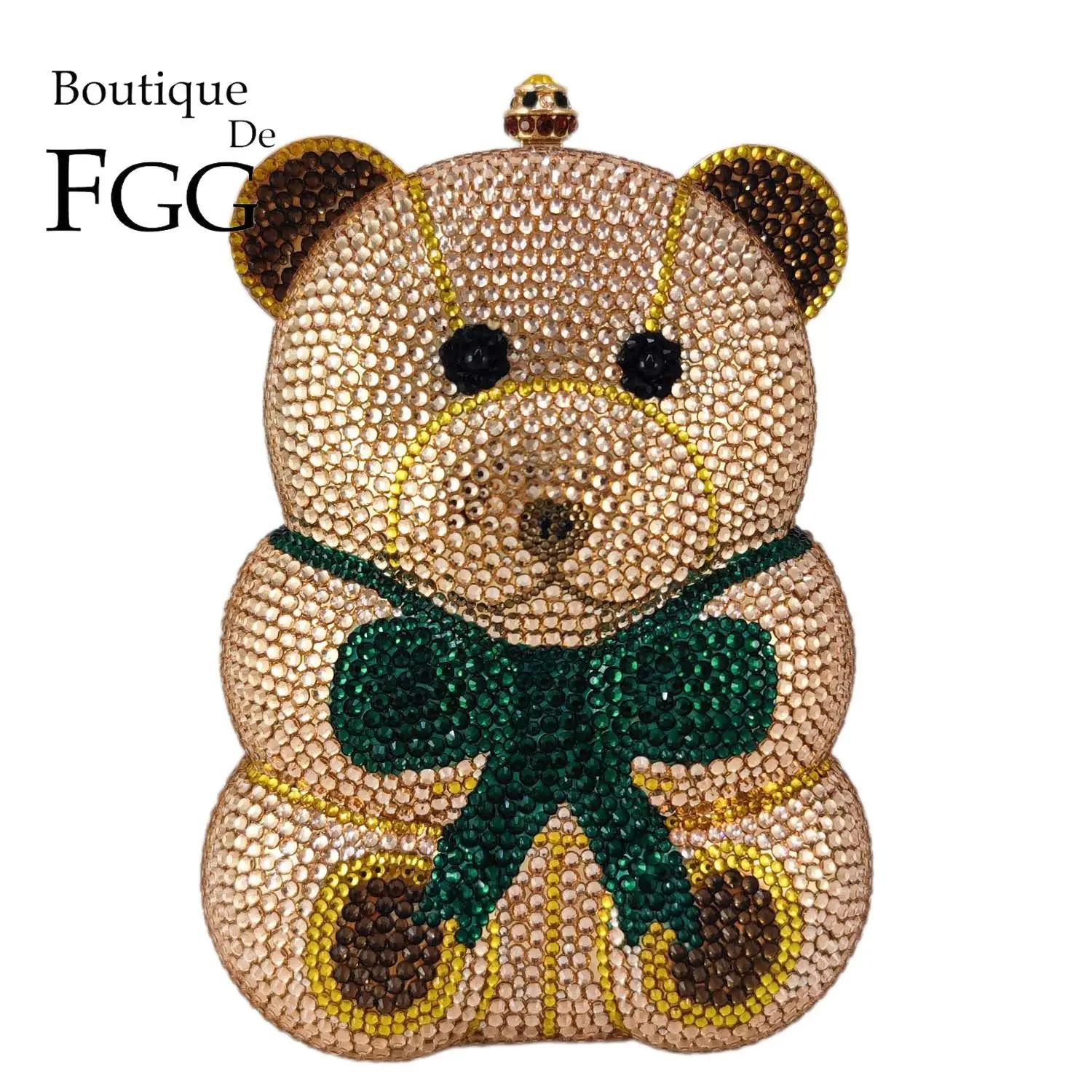 Boutique De FGG Novelty Design Teddy Clutch Crystal Evening Handbags Women Party Dinner Bear Shape Rhinestone Minaudiere Bag