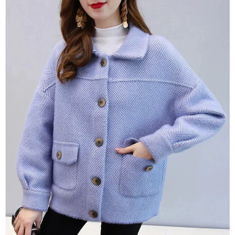 2025 Otoño Invierno nueva Faionable suéter de terciopelo de visón tejido Thiened Fce forrado prendas de vestir exteriores sueltas para mujeres