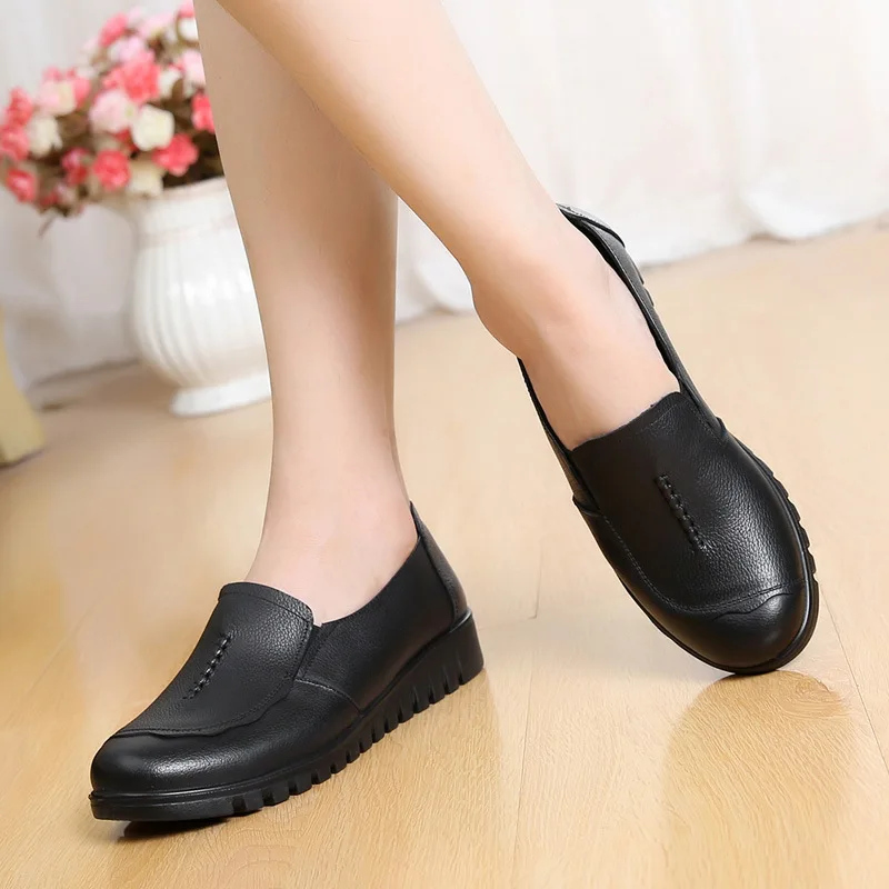 Genuine Leather Shoes Autumn Non Slip Mom Flats Shoes Women Loafers Slip-on Flats Black Shoes Women scarpe donna