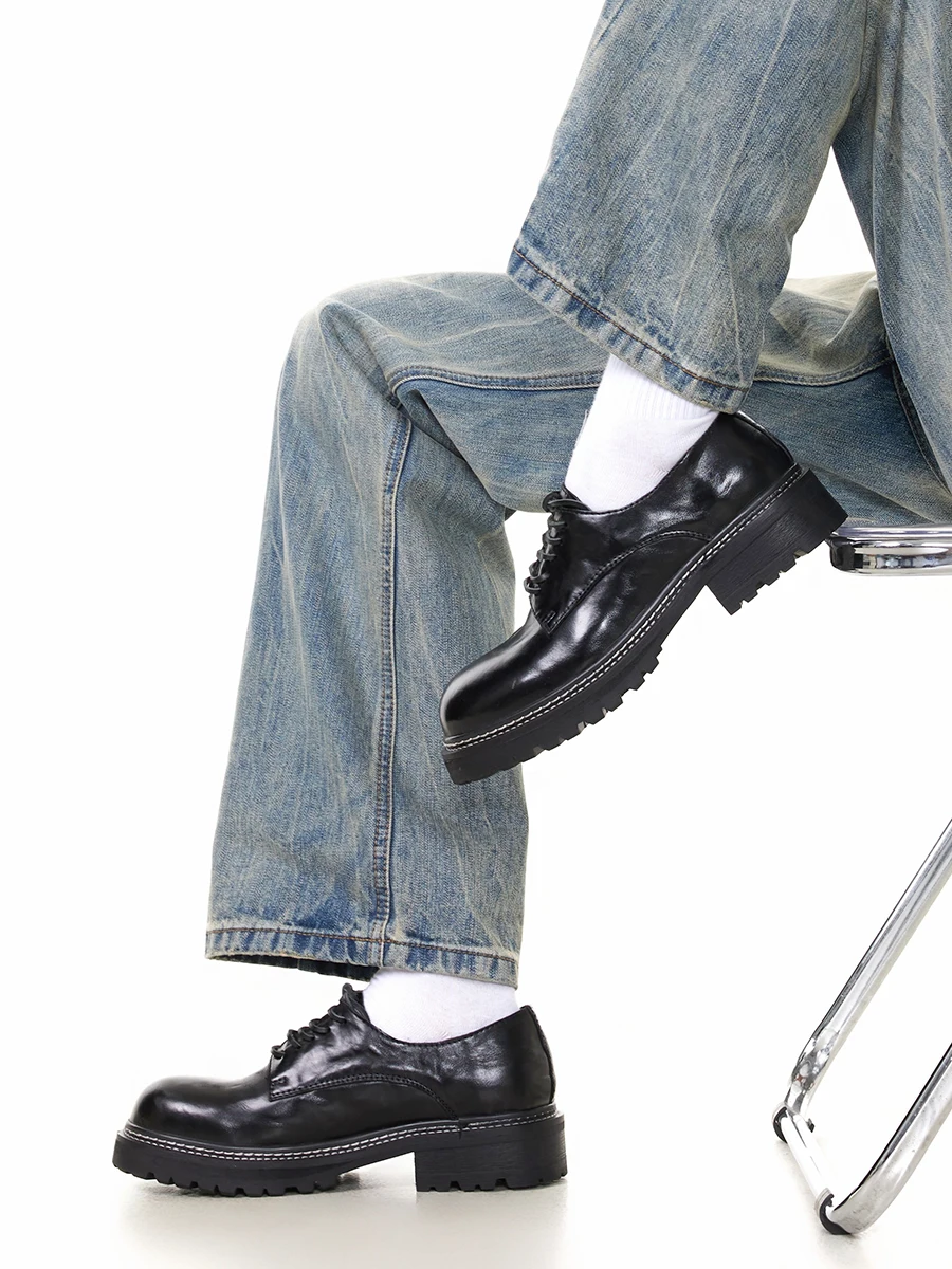 UNZIZHI 2025 New England Style Thick Bottom Heightening Men's  Shoes Casual Leather Shoes round Toe  Color