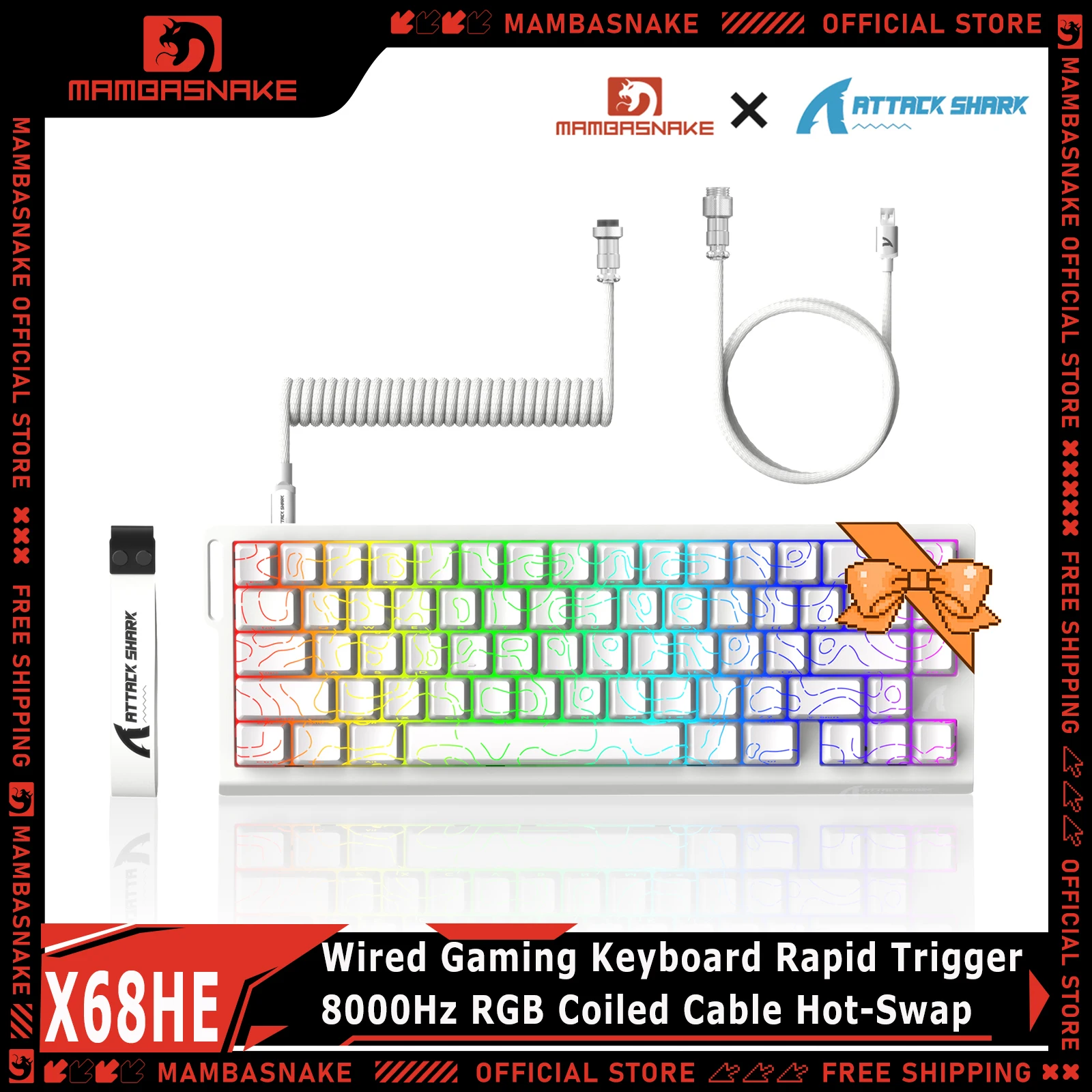 ATTACK SHARK X68HE 60% 66Keys Wired Gaming Keyboard with Coiled Cable Hall Effect Magnetic Switch Hot-Swap 0.01mm RT 8000Hz RGB