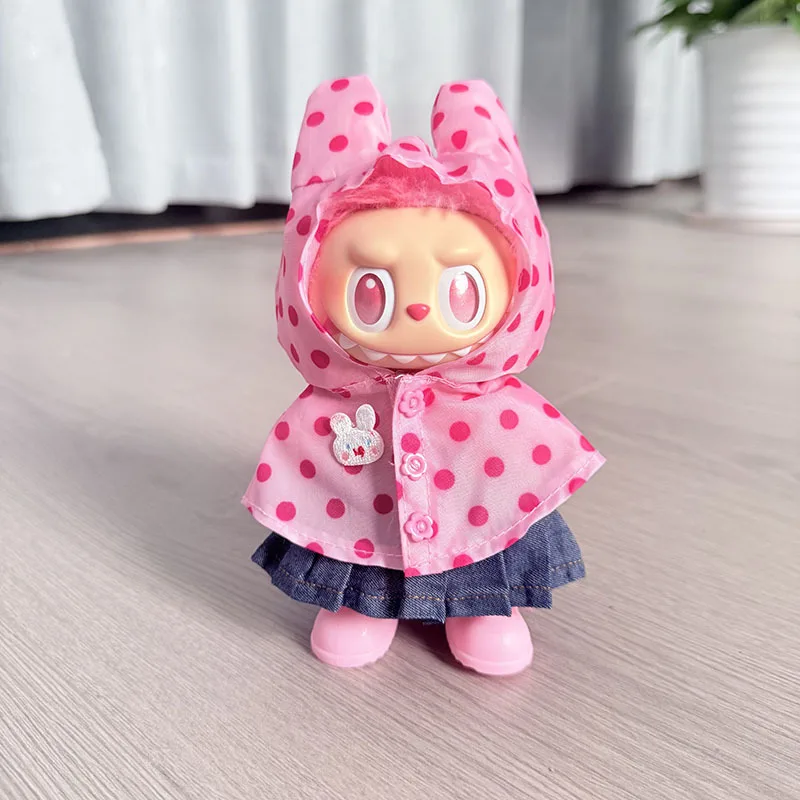 15/17 سنتيمتر LABUBU ملابس دمى ل 1st/2nd/3rd الجنرال الصيف الملونة البولكا نقطة الحلوى معطف واق من المطر الأحمر زر الدنيم تنورة أحذية المطر مجموعة