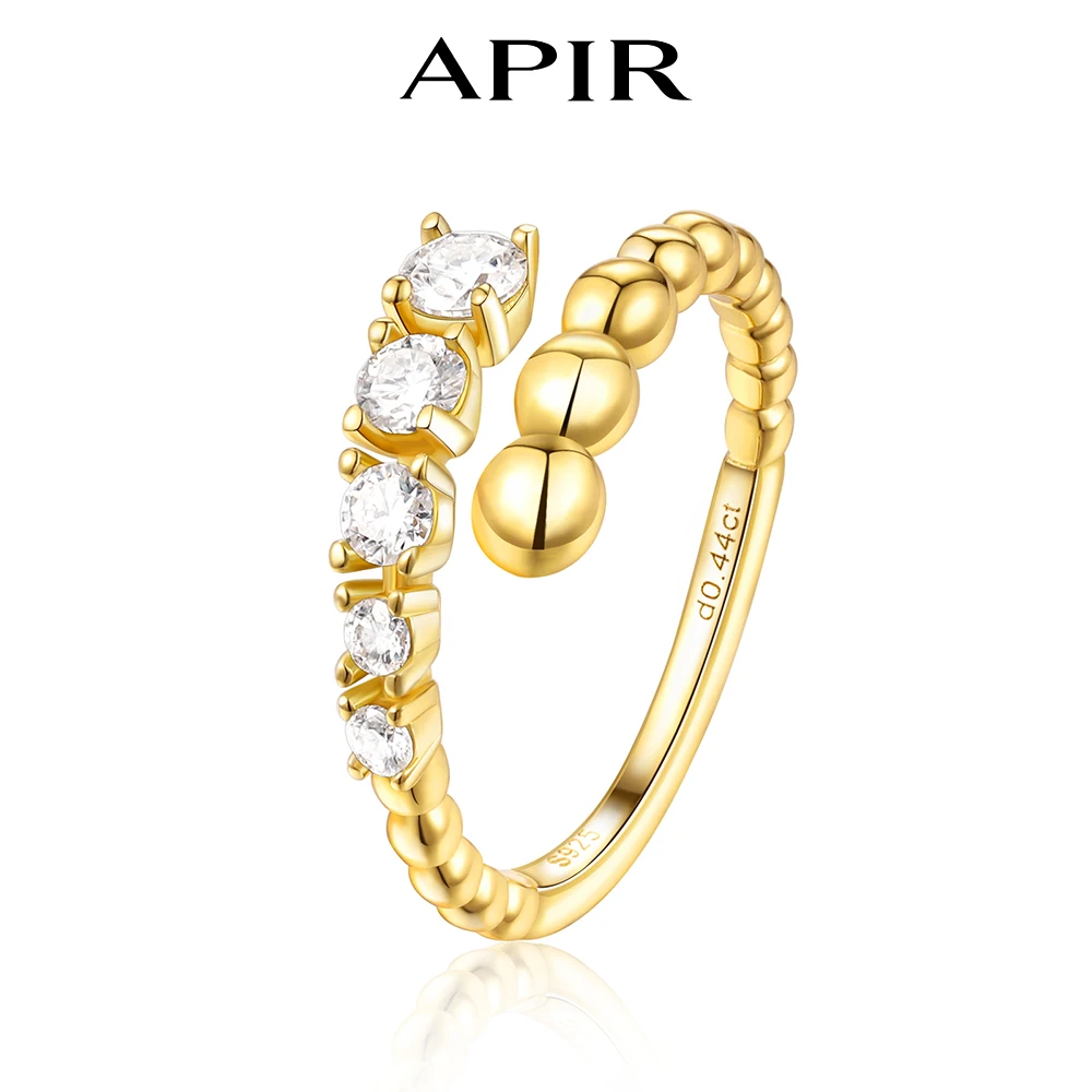 

APIR D Color VVS1 Moissanite Beaded Open Ring for Women 925 Sterling Silver Gold Plated Trend Rings Wedding Anniversary Jewelry