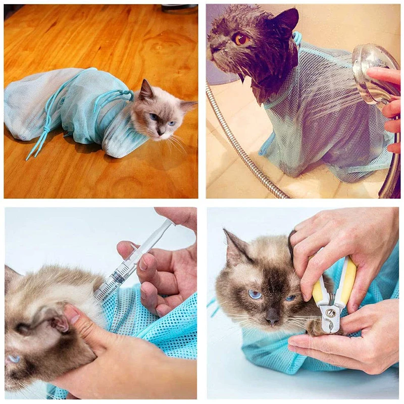 Mesh Cat Grooming borsa da bagno gatti regolabili sacchetti di lavaggio per rifilatura di unghie per animali domestici iniezione di ritenuta per