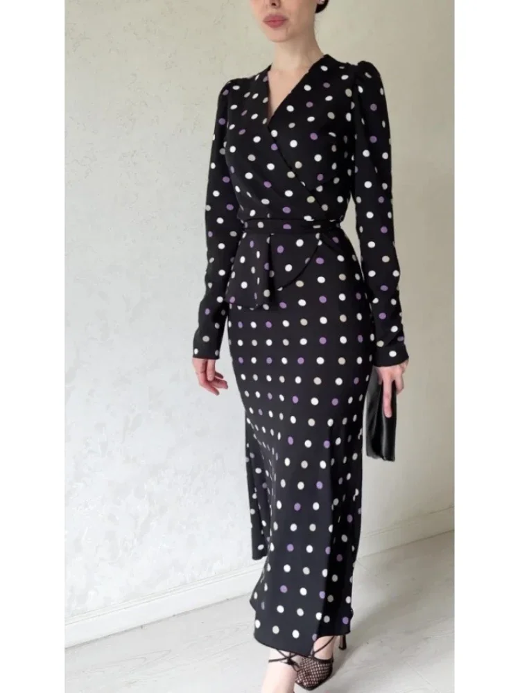 Eid มุสลิมชุดผู้หญิงดูไบ Polka Dot Vestidos Largo Abaya โมร็อกโกชุด Ramadan LACE-up Kaftan ดูไบอาหรับยาว Robe 2025