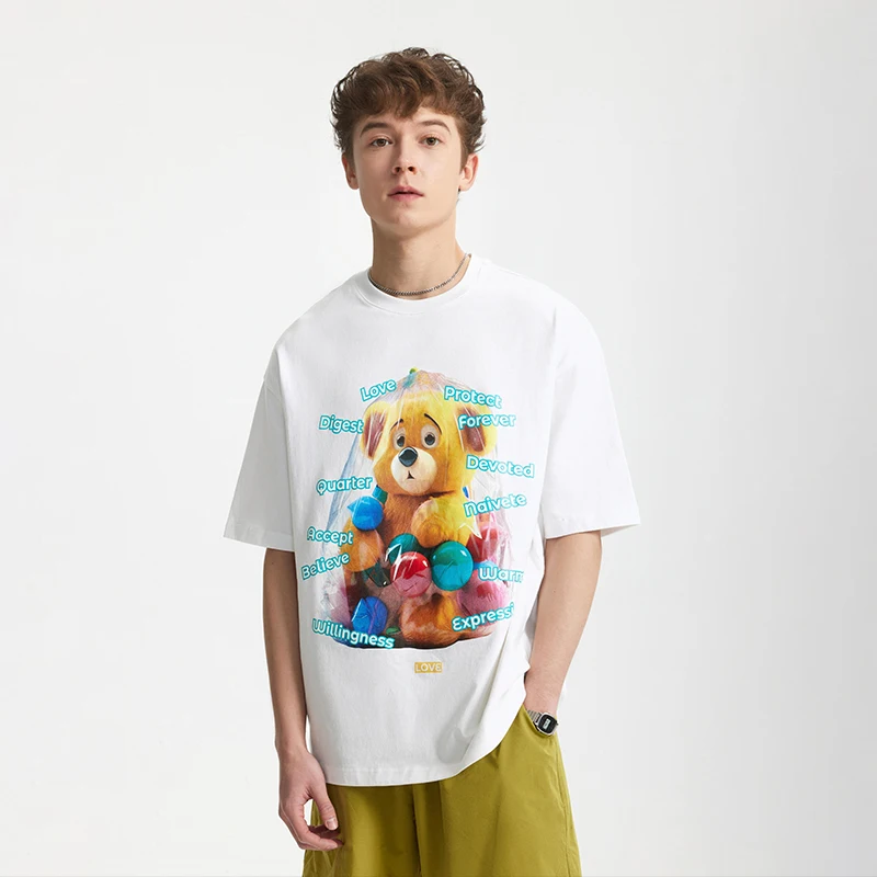 INFLATION Unisex Fun Bear Print T-Shirt 200G Cotton Tee American Street Casual Printed Short Sleeve