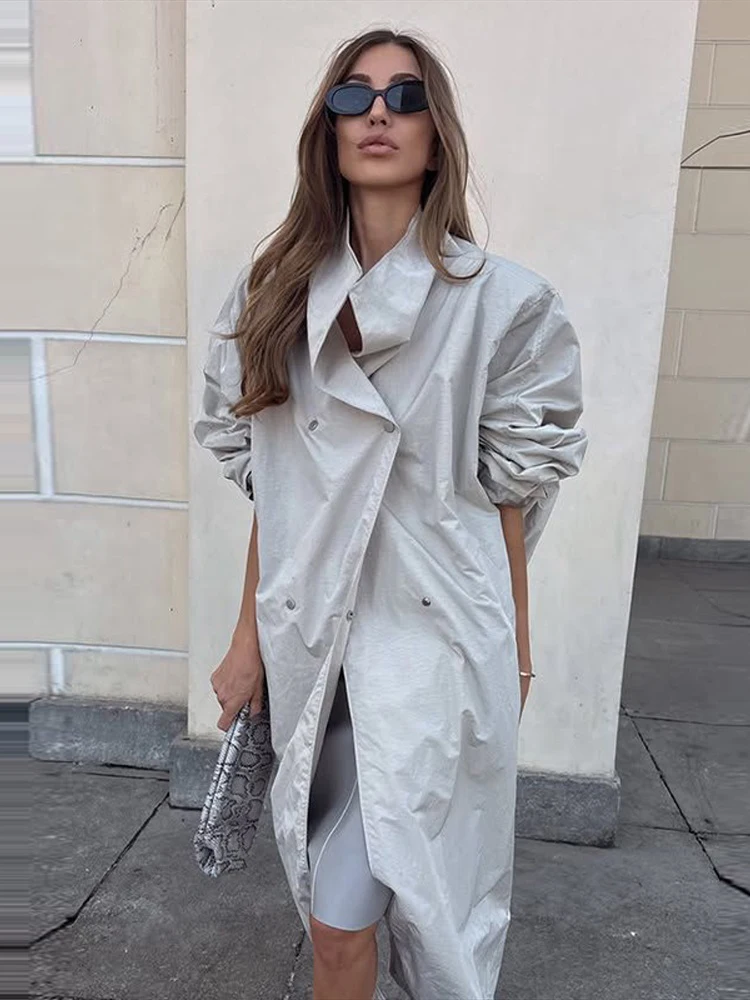 Solid Lapel Long Trench Coat Chic Snap Buttons Full Sleeves Simple Loose Jacket Ladies New Fall Minimalist Casual Commuter Wear