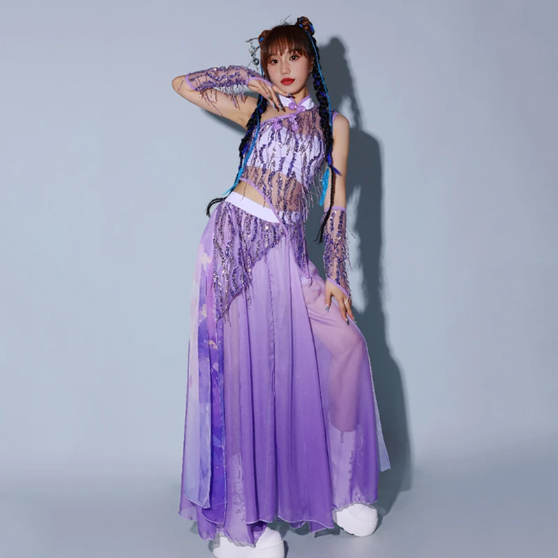 

Purple Pole Dance Clothing Women Jazz Dance Performance Costume Adult Hiphop Kpop Outfits Nightclub Gogo Dance Stage Wear L15966